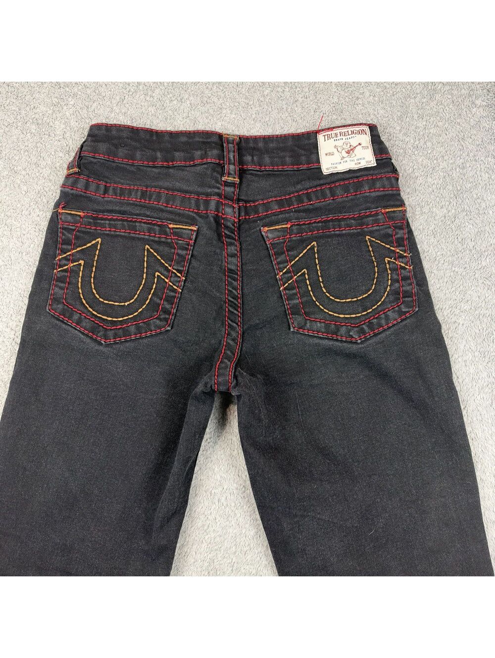 True Religion Black Denim Jeans Boys Size 12 Straight Leg Red Stitching